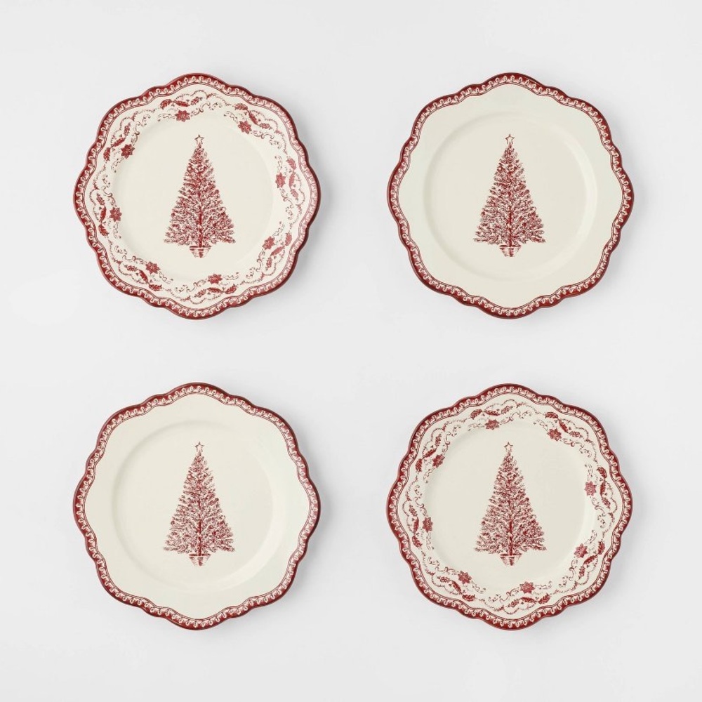 New Set of 4 Red Christmas Tree Stoneware Salad Plates Threshold Studio McGee